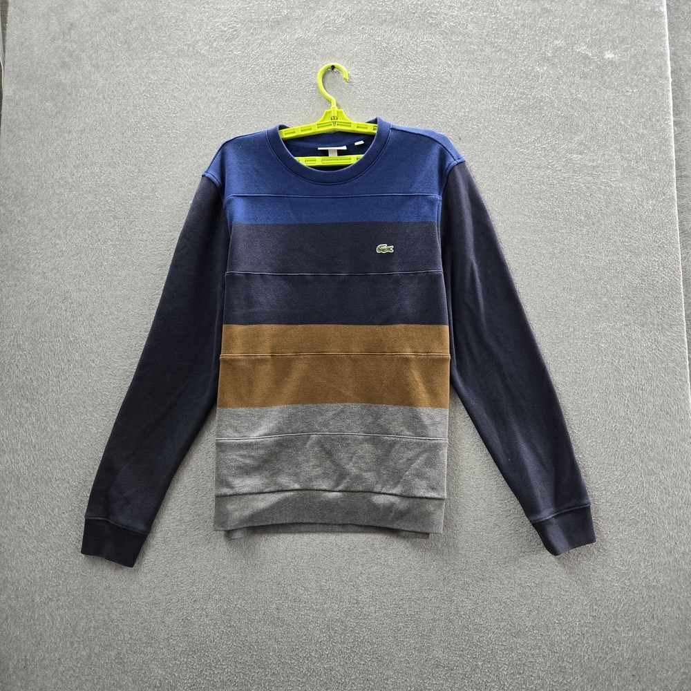 Lacoste Men Sweatshirt US L Blue Embroidered Colorblock Fleece Crocodile Logo